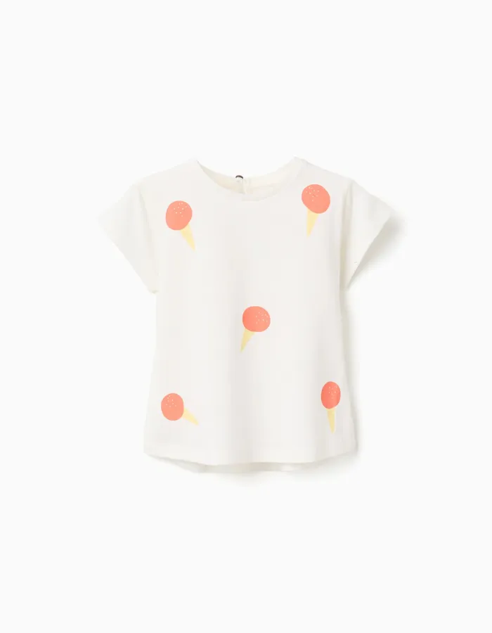 Cotton T-shirt with ice-cream motif for baby girls, white