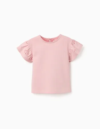 Cotton T-shirt with sleeves in broderie anglaise for baby girls, pink