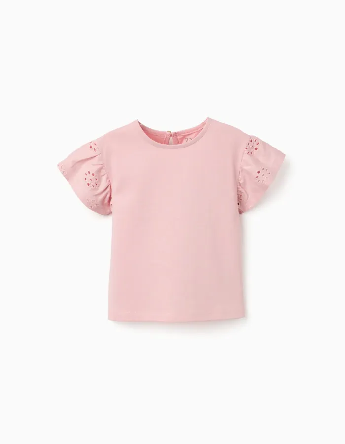 Cotton T-shirt with sleeves in broderie anglaise for baby girls, pink