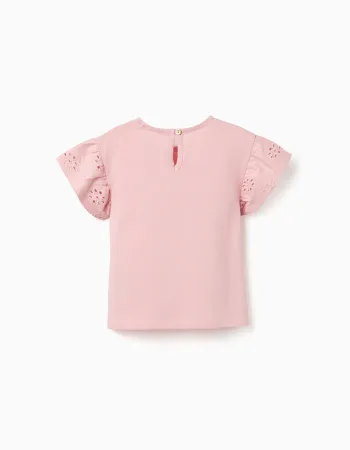 Cotton T-shirt with sleeves in broderie anglaise for baby girls, pink