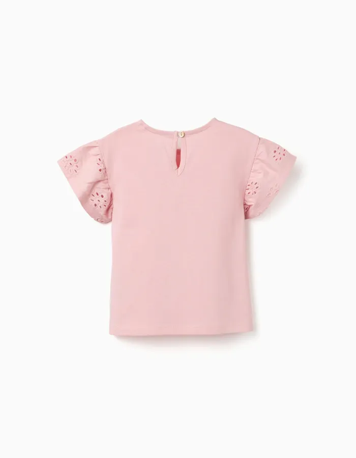 Cotton T-shirt with sleeves in broderie anglaise for baby girls, pink