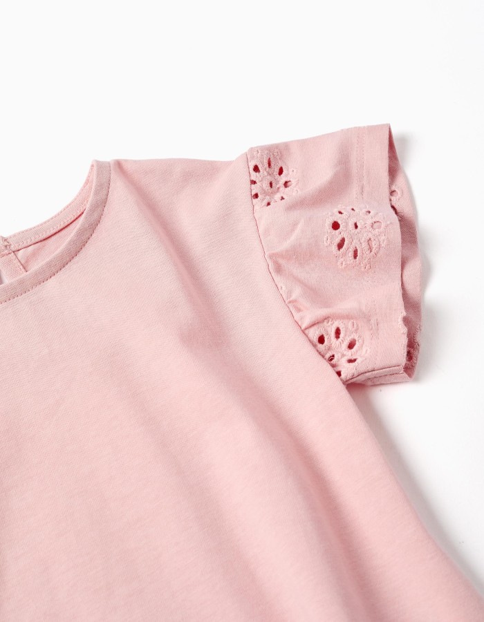 Cotton T-shirt with sleeves in broderie anglaise for baby girls, pink