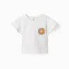 Cotton T-shirt with crochet pocket for baby girls, white