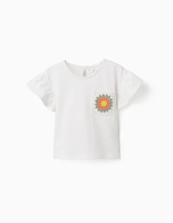 Cotton T-shirt with crochet pocket for baby girls, white