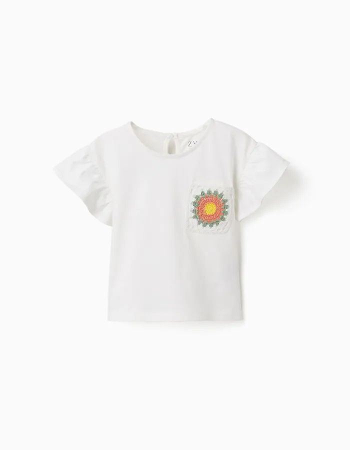 Cotton T-shirt with crochet pocket for baby girls, white