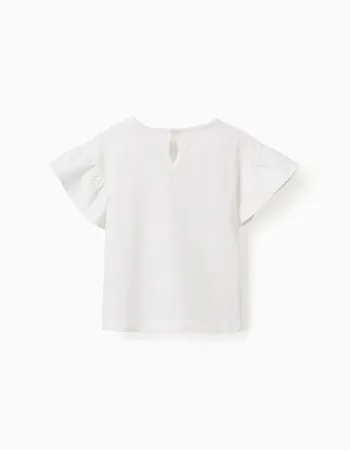 Cotton T-shirt with crochet pocket for baby girls, white
