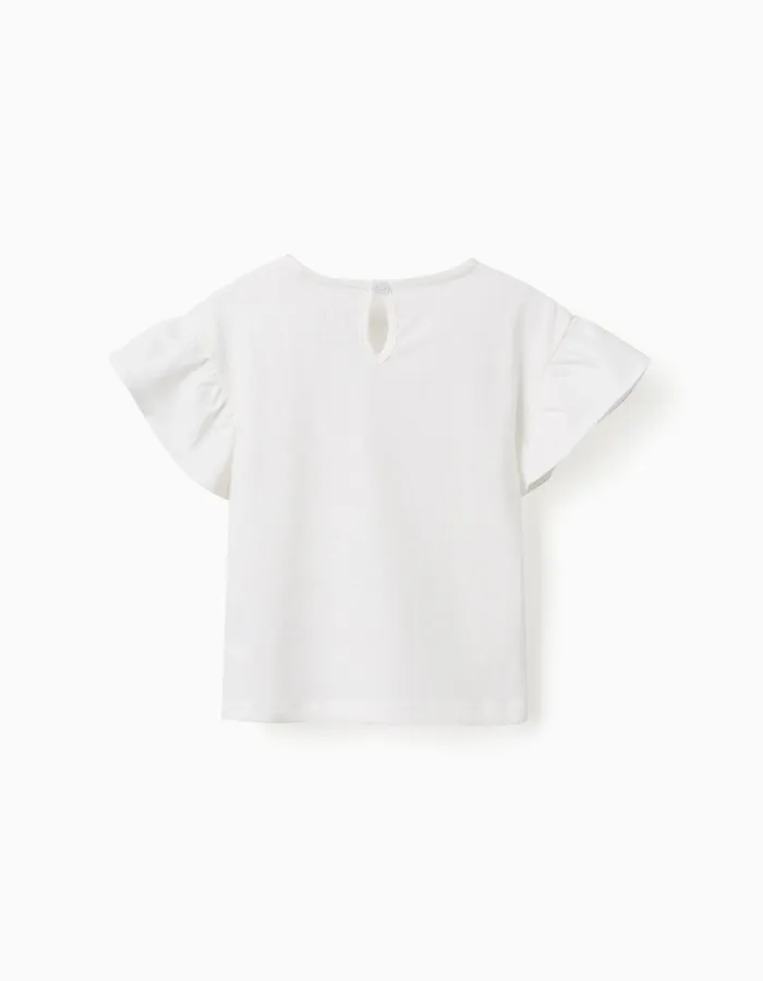 Cotton T-shirt with crochet pocket for baby girls, white