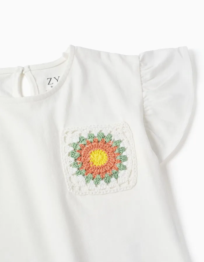Cotton T-shirt with crochet pocket for baby girls, white