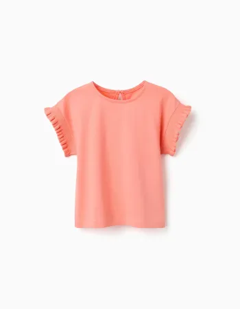 Cotton T-shirt with ruffled sleeves for baby girls, light coral