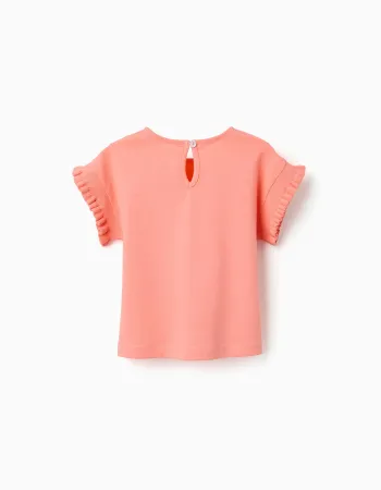 Cotton T-shirt with ruffled sleeves for baby girls, light coral