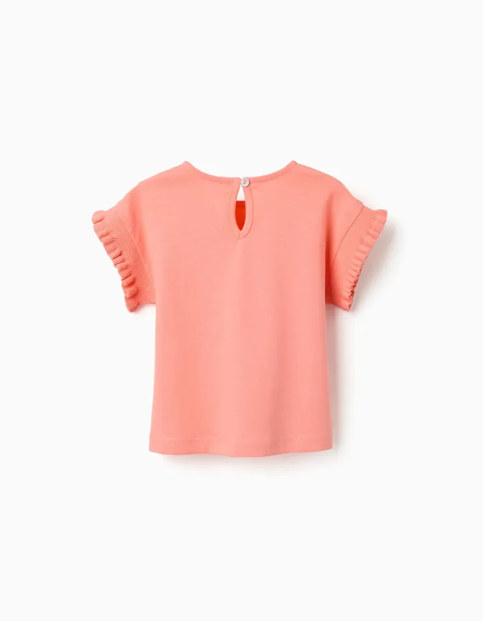 Cotton T-shirt with ruffled sleeves for baby girls, light coral