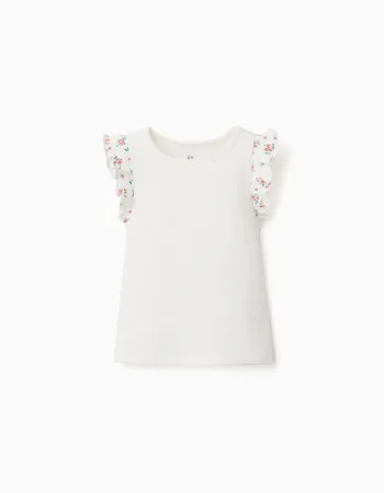 Ribbed cotton T-shirt with ruffled sleeves for baby girls, light beige