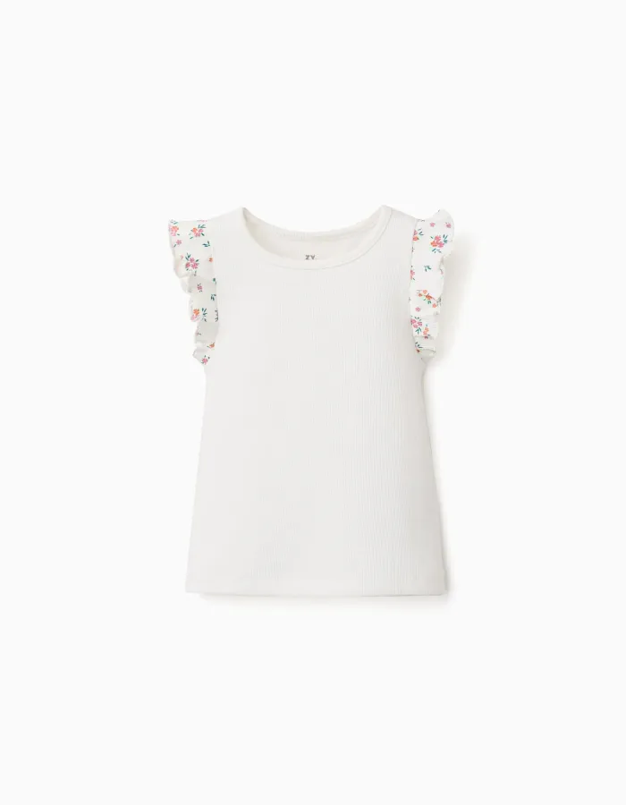 Ribbed cotton T-shirt with ruffled sleeves for baby girls, light beige