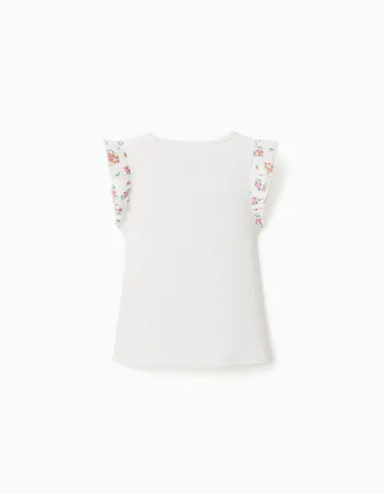 Ribbed cotton T-shirt with ruffled sleeves for baby girls, light beige