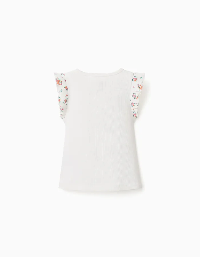 Ribbed cotton T-shirt with ruffled sleeves for baby girls, light beige