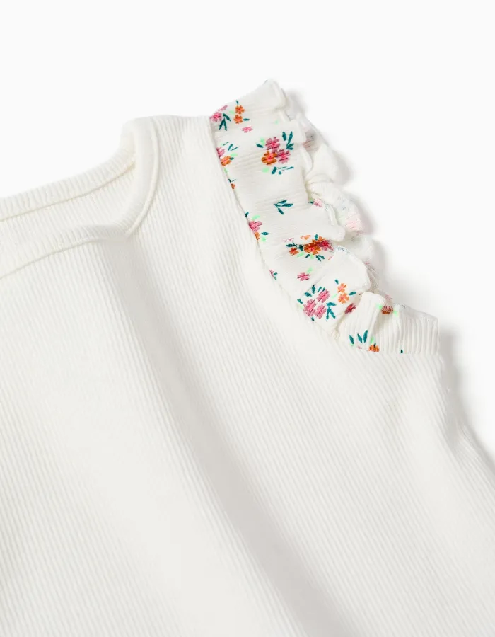 Ribbed cotton T-shirt with ruffled sleeves for baby girls, light beige