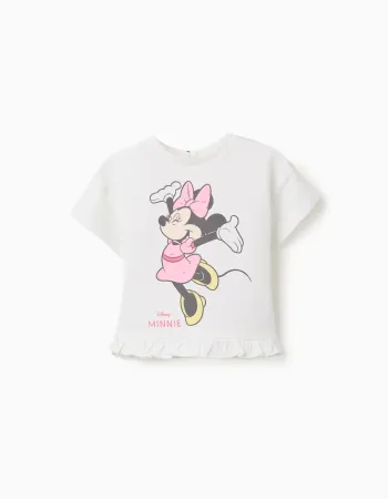 Cotton T-shirt with Minnie print and ruffles for baby girls, white