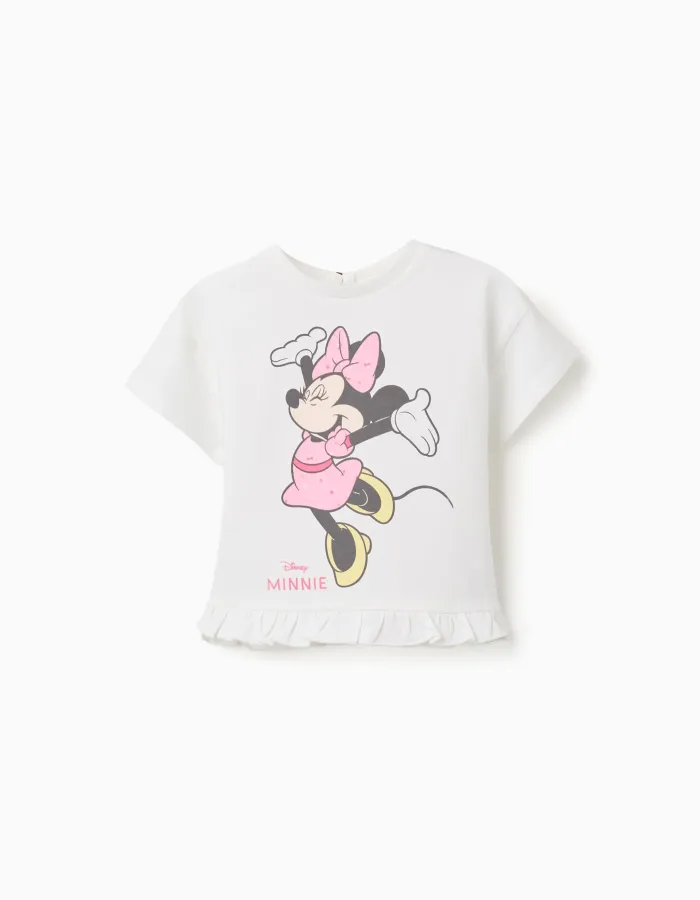 Cotton T-shirt with Minnie print and ruffles for baby girls, white