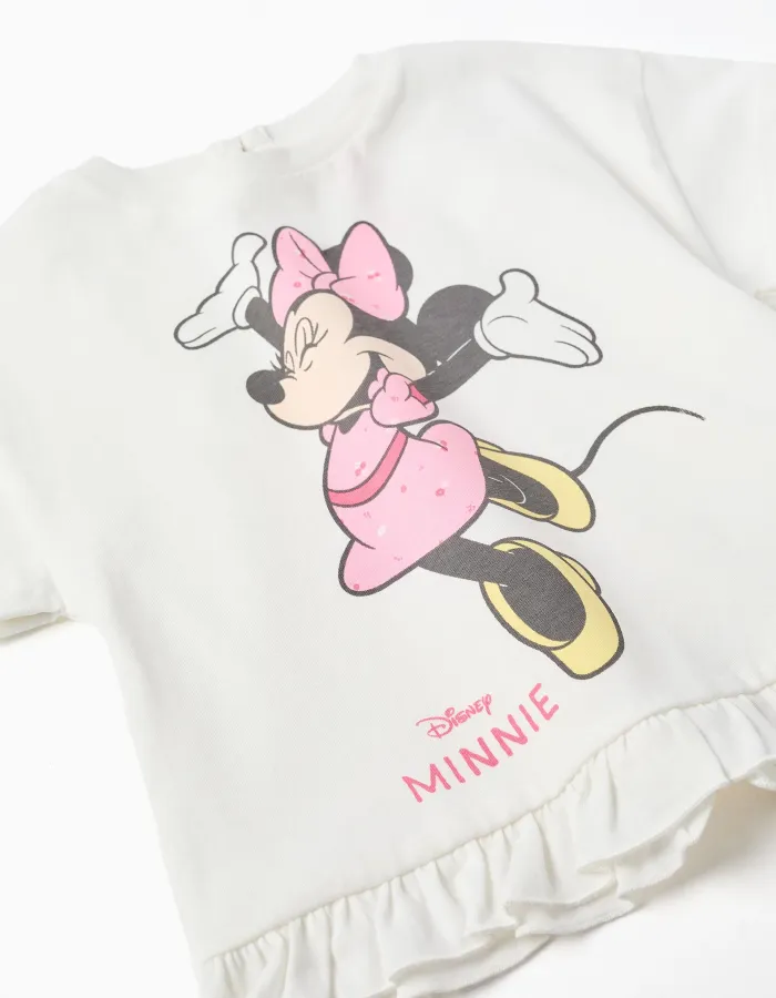 Cotton T-shirt with Minnie print and ruffles for baby girls, white