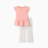 Cotton T-shirt and ribbed trousers for baby girls, salmon/beige