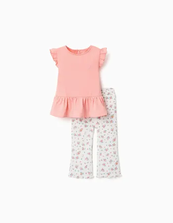 Cotton T-shirt and ribbed trousers for baby girls, salmon/beige
