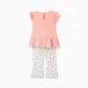 Cotton T-shirt and ribbed trousers for baby girls, salmon/beige