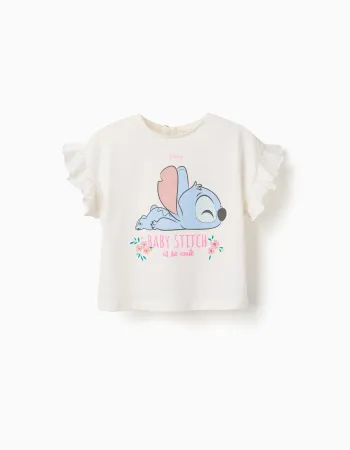 Cotton T-shirt with Stitch print and ruffles for baby girls, light beige