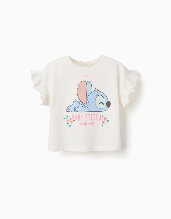 Cotton T-shirt with Stitch print and ruffles for baby girls, light beige