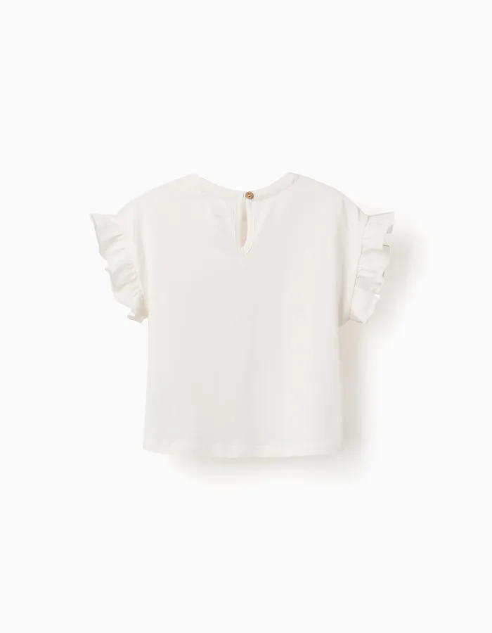 Cotton T-shirt with Stitch print and ruffles for baby girls, light beige