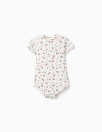 Ribbed bodysuit with floral pattern for baby girls, light beige