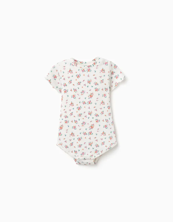 Ribbed bodysuit with floral pattern for baby girls, light beige