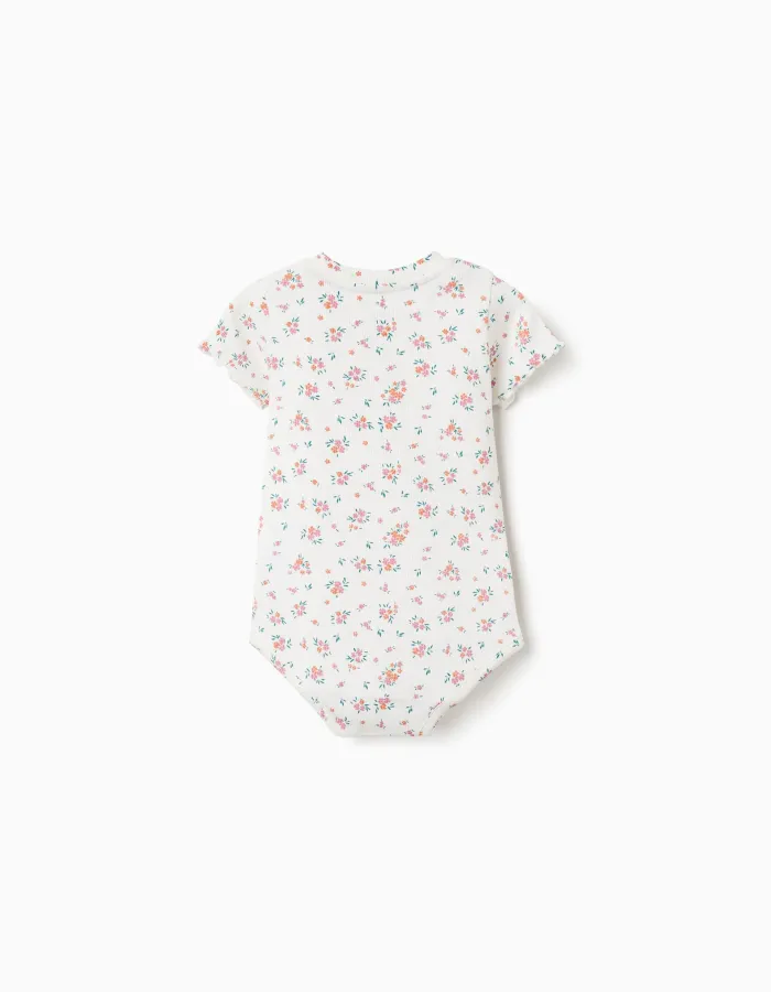 Ribbed bodysuit with floral pattern for baby girls, light beige