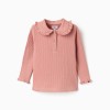 Long sleeve ribbed T-shirt with ruffle collar for baby girls, pink