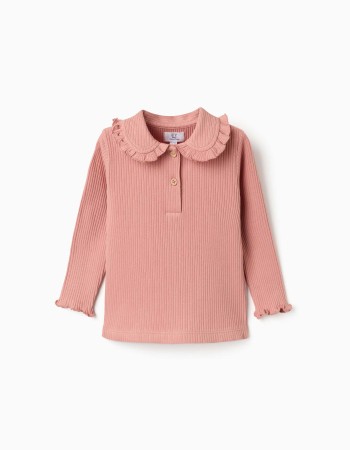 Long sleeve ribbed T-shirt with ruffle collar for baby girls, pink