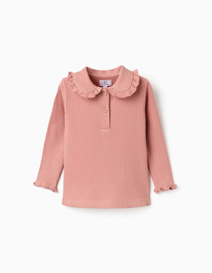 Long sleeve ribbed T-shirt with ruffle collar for baby girls, pink