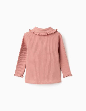 Long sleeve ribbed T-shirt with ruffle collar for baby girls, pink