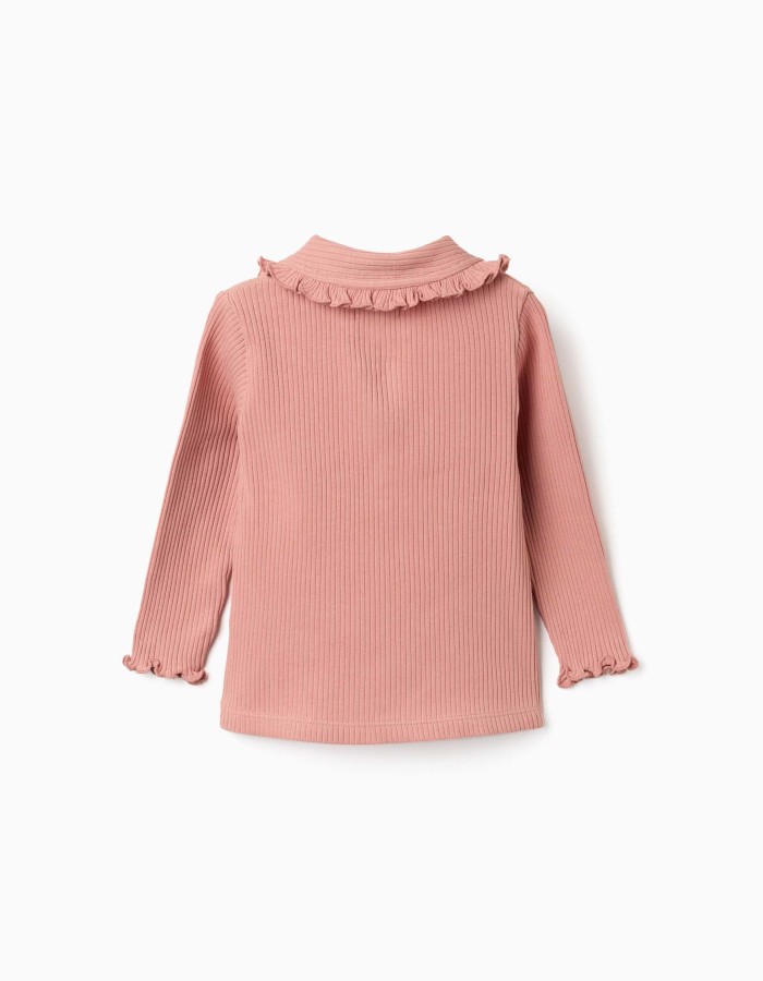 Long sleeve ribbed T-shirt with ruffle collar for baby girls, pink