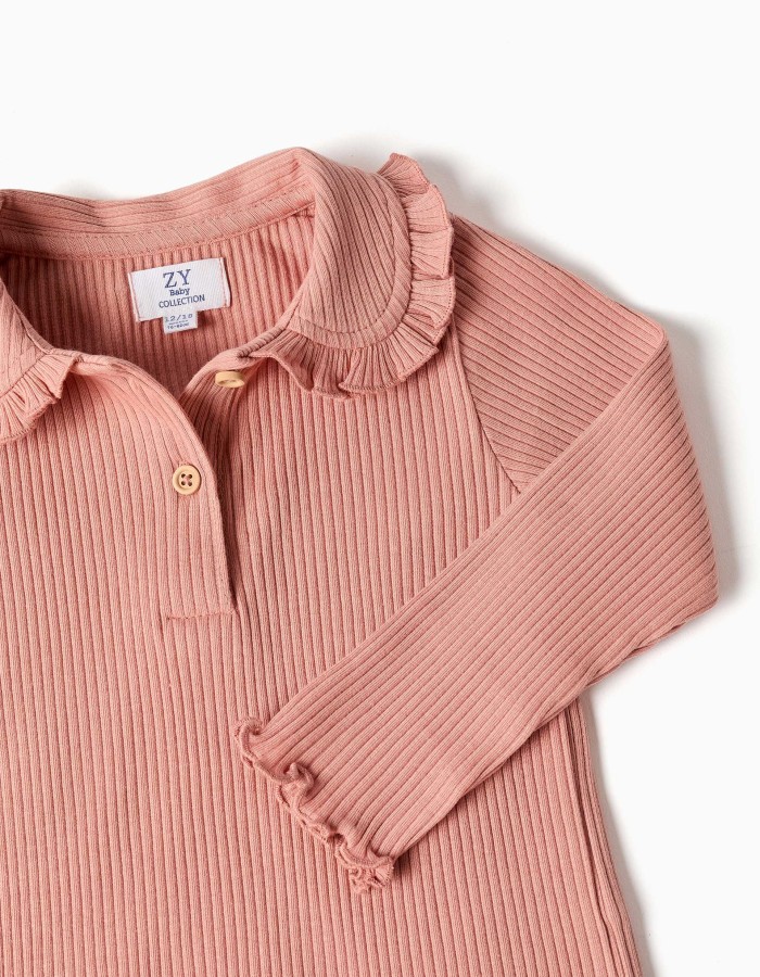 Long sleeve ribbed T-shirt with ruffle collar for baby girls, pink