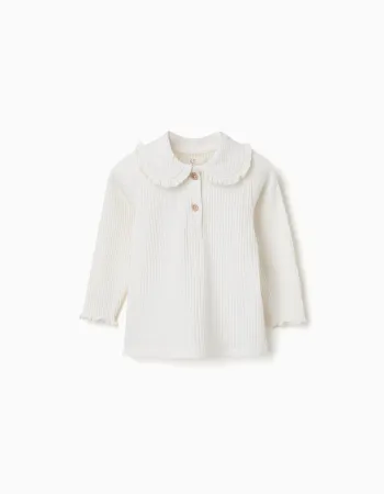 Long sleeve ribbed T-shirt with ruffle collar for baby girls, white
