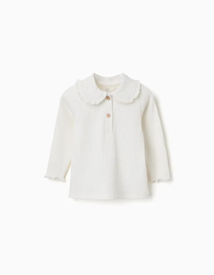 Long sleeve ribbed T-shirt with ruffle collar for baby girls, white