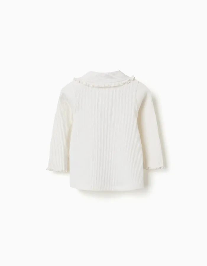 Long sleeve ribbed T-shirt with ruffle collar for baby girls, white