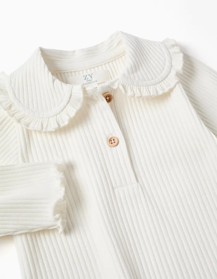 Long sleeve ribbed T-shirt with ruffle collar for baby girls, white