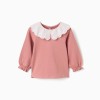 Long sleeve T-shirt with embroidered collar for baby girls, pink
