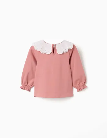 Long sleeve T-shirt with embroidered collar for baby girls, pink
