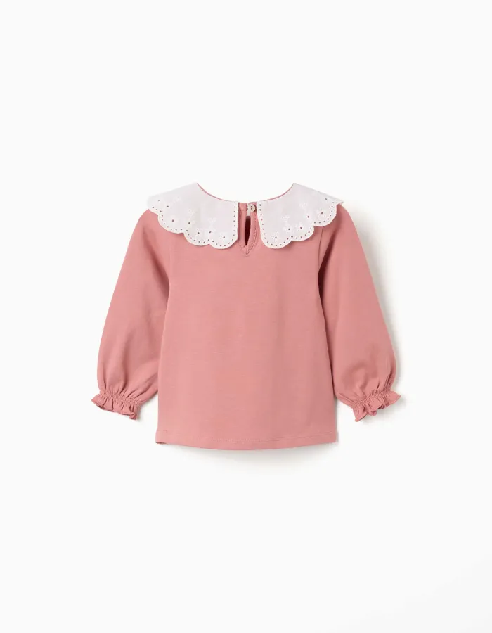 Long sleeve T-shirt with embroidered collar for baby girls, pink