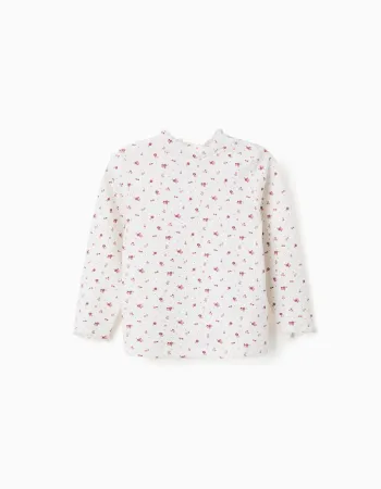 Long sleeve ribbed T-shirt with floral pattern for baby girls, white