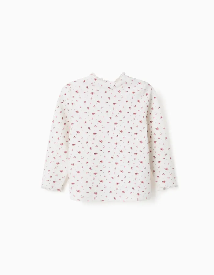 Long sleeve ribbed T-shirt with floral pattern for baby girls, white