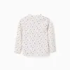 Long sleeve ribbed T-shirt with floral pattern for baby girls, white