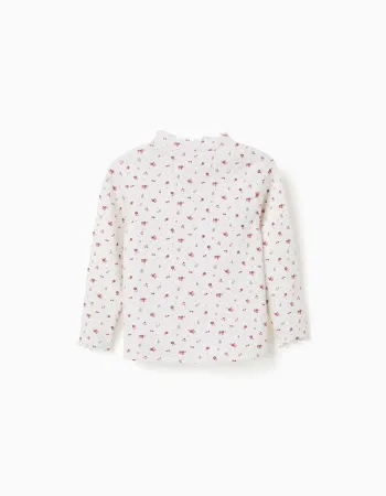 Long sleeve ribbed T-shirt with floral pattern for baby girls, white