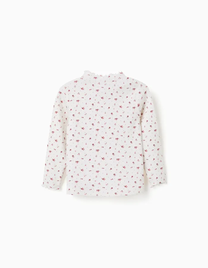 Long sleeve ribbed T-shirt with floral pattern for baby girls, white